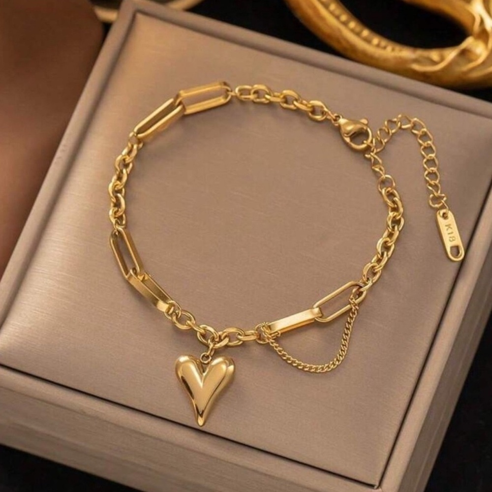 18K Gold Plated Stainless Steel Heart Charm Bracelet Paperclip Chain Puffy Heart